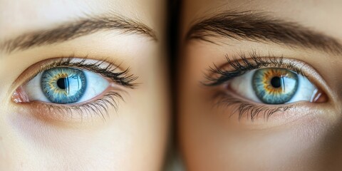 Obraz premium Close-up of two beautiful eyes showcasing unique blue and green hues with intricate details and expressions.