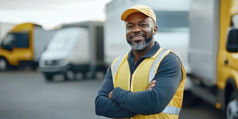 Confident worker in yellow vest and cap stands proudly among delivery trucks, showcasing dedication and teamwork in logistics.