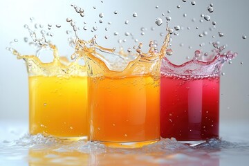 dynamic fruit juice splash frozen in time vibrant colors colliding midair droplets suspended crystalclear liquid sculpture against pure white backdrop refreshing energy captured