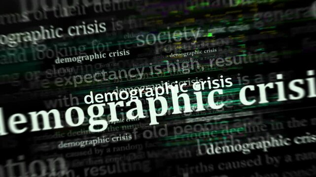 Demographic crisis global population problem headline news across international media. Concept of news titles on noise displays loop. TV glitch effect seamless and looped.