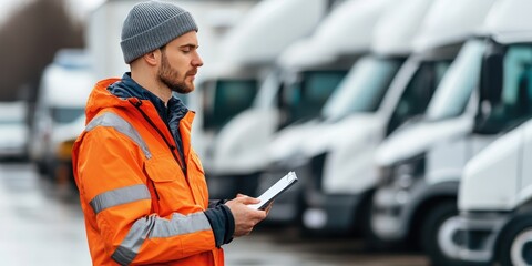 A logistics worker checks his tablet while standing in front of parked trucks, showcasing industry professionalism and attention to detail.