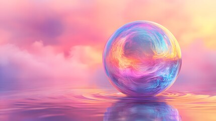 An iridescent soap bubble displaying multicolored reflections and abstract swirls, floating in a dreamy space with vibrant gradient backgrounds and delicate surface tension captured in macro detail.