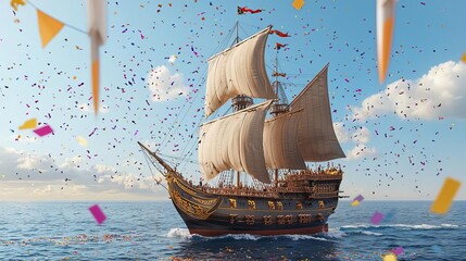 Columbus Day Historic sailing ship with billowing sails, surrounded by celebratory confetti and flags, open sea background, no face, 3D illustration