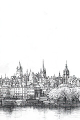 Fototapeta premium Aberdeen, United Kingdom, black and white pen pencil hand-drawn effect portrait drawing illustration for travel poster, card, wallpaper, backdrop or banner. Modern, clear, artistic and simple