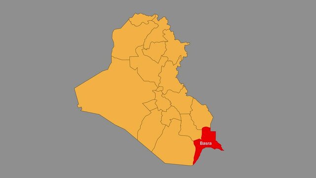 Basra map animated video. The location is highlighted on the Iraq map. Colour map with Gray background in video format.