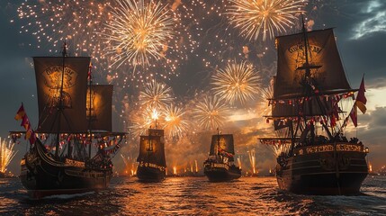 Columbus Day Sailing Under Fireworks A dramatic evening scene with a fleet of historic ships sailing under a sky lit up with vibrant fireworks The ships are festively decorated wit