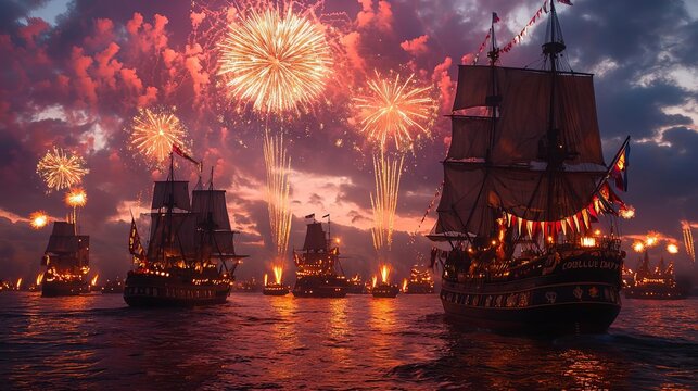 Columbus Day Sailing Under Fireworks A dramatic evening scene with a fleet of historic ships sailing under a sky lit up with vibrant fireworks The ships are festively decorated wit
