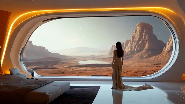 A Futuristic Bedroom Offering an Incredible Scenic View on the Planet Mars