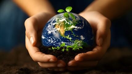 Hands Holding Earth with Growing Plants: Hands holding the Earth, with small green plants sprouting...