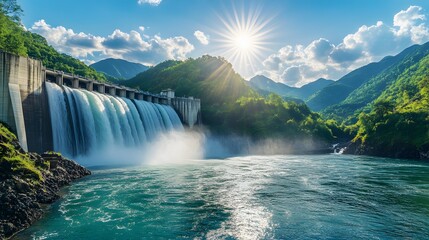 Fototapeta premium A majestic hydroelectric dam in a bright sunlit landscape with cascading water and lush green mountains, highlighting the power of nature in a vivid nature vista captured in HDR imaging.