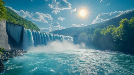 Fototapeta premium A majestic hydroelectric dam in a bright sunlit landscape with cascading water and lush green mountains, highlighting the power of nature in a vivid nature vista captured in HDR imaging.
