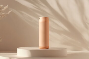 A minimalist pink insulated bottle on a circular pedestal against a soft, shadowed background.