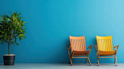 Fototapeta premium Two wooden chairs, one yellow and one orange, beside a potted plant against a blue wall, representing relaxation and minimalism.