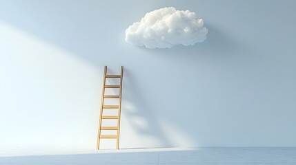 A wooden ladder against a pure white wall, with a single fluffy cloud above, conveying a surreal and metaphorical representation of ambition through simple geometry and clean lines.