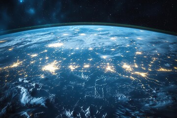 Obraz premium earth at night viewed from space city lights tracing global network across continents ethereal glow emphasizing interconnectedness of modern world