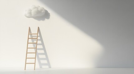 A wooden ladder against a pure white wall, with a single fluffy cloud above, conveying a surreal and metaphorical representation of ambition through simple geometry and clean lines.