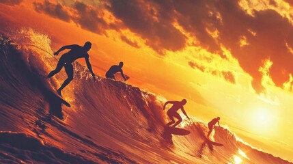 Surfers Embracing Waves at Sunset, a vibrant scene of adrenaline and camaraderie as surfers ride the waves, illuminated by the warm hues of a breathtaking sunset sky