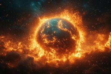 earth engulfed in flames viewed from space climate change visualization striking contrast of fire and blue planet apocalyptic atmosphere