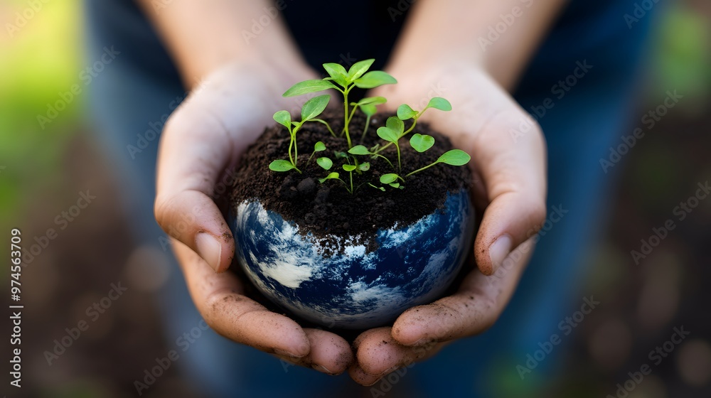 Canvas Prints Hands Holding Earth with Growing Plants: Hands holding the Earth, with small green plants sprouting from its surface, symbolizing growth and renewal.
