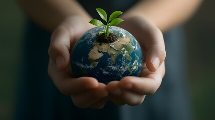 Hands Holding Earth with Growing Plants: Hands holding the Earth, with small green plants sprouting from its surface, symbolizing growth and renewal.
