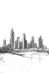 Fototapeta premium Ajman, UAE, black and white pen pencil hand-drawn effect portrait drawing illustration for travel poster, card, wallpaper, backdrop or banner. Modern, clear, artistic and simple