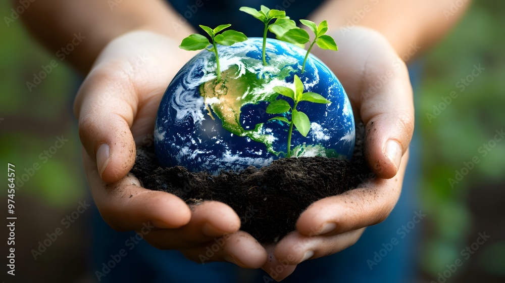 Canvas Prints Hands Holding Earth with Growing Plants: Hands holding the Earth, with small green plants sprouting from its surface, symbolizing growth and renewal.
