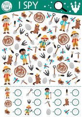 Dinosaur I spy game for kids. Searching and counting activity with paleontologists, bones, skeleton. Prehistoric printable worksheet for preschool children. Simple dino land spotting puzzle