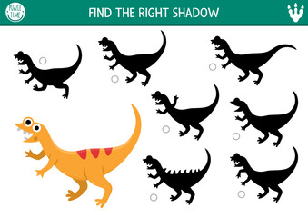 Dinosaur shadow matching activity with ancient animal. Prehistoric puzzle with cute compsognathus. Find correct silhouette printable worksheet or game. Dino land page for kids with little reptile