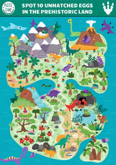 Vector dinosaur searching game with prehistoric continent map landscape. Spot hidden eggs in picture. Ancient world seek and find educational printable activity for kids with T-rex, triceratops © Lexi Claus