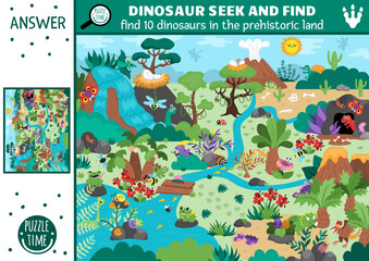 Vector dinosaur searching game with prehistoric landscape. Spot hidden donos in picture. Ancient world seek and find educational printable activity for kids with T-rex, triceratops, stegosaur © Lexi Claus