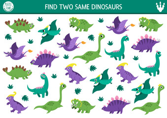 Find two same dinosaurs. Prehistoric matching activity for children. Dino land educational quiz worksheet for kids with ancient animals. Printable game with cute triceratops, stegosaur © Lexi Claus