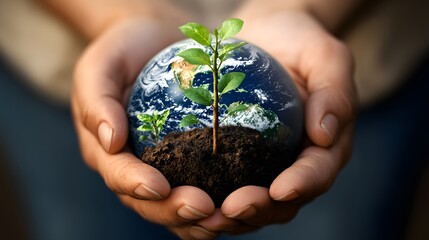 Hands Holding Earth with Growing Plants: Hands holding the Earth, with small green plants sprouting from its surface, symbolizing growth and renewal.
