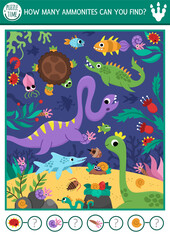 Vector dinosaur searching and counting game with prehistoric underwater landscape. Spot hidden ammonites in picture. Ancient world seek and find educational printable activity for kids