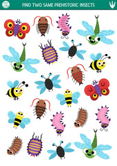 Find two same insects. Prehistoric matching activity for children. Dinosaur land educational quiz worksheet for kids with ancient bugs. Printable game with cute centipede, dragonfly, bee