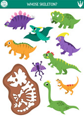Fototapeta premium Dinosaur matching activity with cute animals and triceratops skeleton. Prehistoric puzzle with pterosaur, stegosaur. Match and circle the bones game. Dino land printable worksheet, match up page