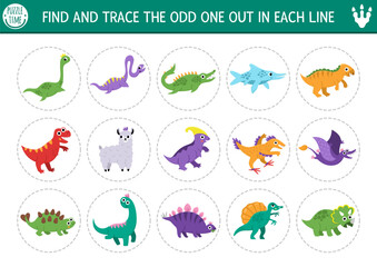 Find the odd one out. Dinosaur logical activity for kids. Prehistoric educational quiz worksheet for attention skills. Dino land printable game with T-rex, water, carnivorous, herbivorous animals