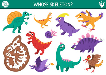 Dinosaur matching activity with cute animals and triceratops skeleton. Prehistoric puzzle with T-rex, velociraptor. Match and circle the bones game. Dino land printable worksheet, match up page