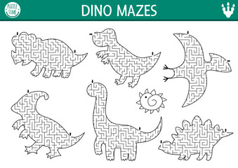 Dinosaur geometrical maze set for kids. Prehistoric preschool printable activity shaped as triceratops, t-rex, pterosaur, stegosaur, brachiosaur. Dine land labyrinth game or puzzle collection © Lexi Claus