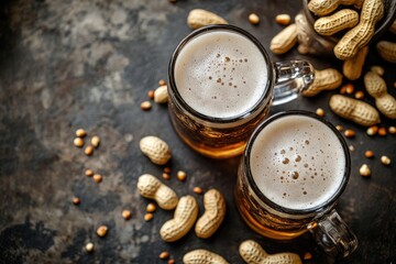 Top view of beer mugs with frothy tops and scattered peanuts on a bar counter