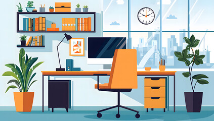 Modern office workspace interior with sleek furniture and essential technology featuring a desk,potted plants,chair,computer for work or study.