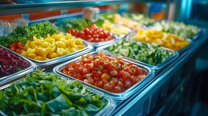 A vibrant salad bar illuminated brightly with diverse vegetables and organized trays, presenting fresh, healthy meal options in an appetizing display of high-contrast colors in a restaurant setting.