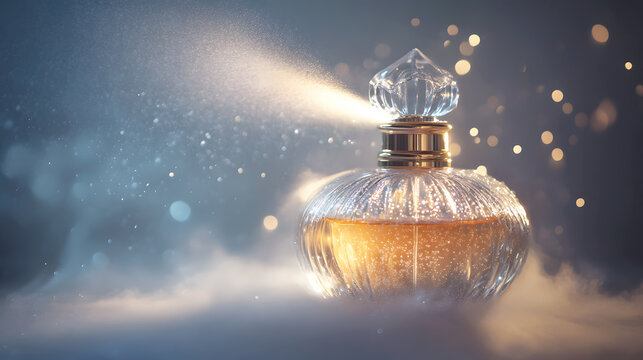 Elegant glass perfume bottle spraying a delicate mist, with droplets of fragrance catching the light