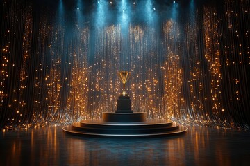 elegant awards ceremony stage golden trophy on sleek pedestal shimmering curtain backdrop dramatic spotlight atmosphere of anticipation and achievement