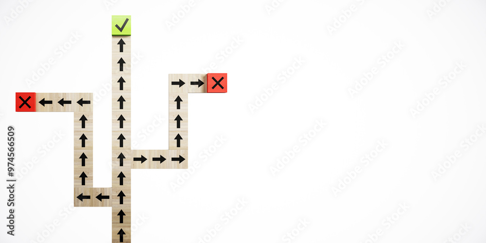 Aufkleber Arrows on wooden blocks showing decision paths with a green check and red crosses on a white background, concept of decision making. 3D Rendering
