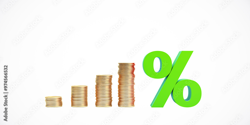 Poster stacked coins increasing in height with a large green percentage sign on a white background. concept