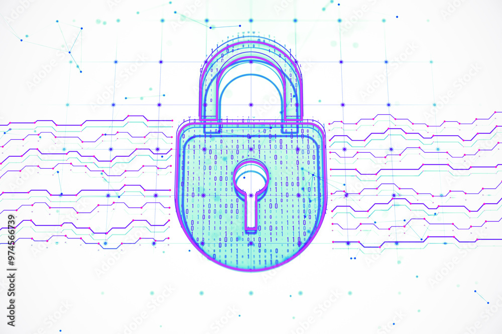 Poster Digital padlock with binary code and circuitry on a white background. Concept of cybersecurity and data protection. 3D Rendering