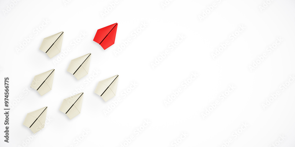 Poster group of beige paper airplanes with a red airplane leading on a white background. modern design conc