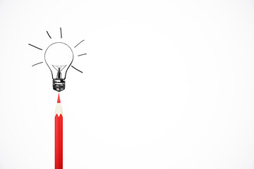 Red pencil drawing a lightbulb on a white background. Concept of creativity, innovation, and idea generation. 3D Rendering
