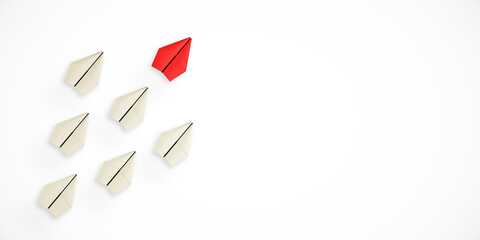 Group of beige paper airplanes with a red airplane leading on a white background. Modern design concept of leadership and individuality. 3D Rendering
