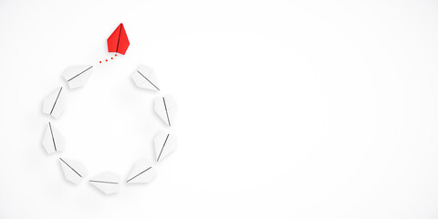 Red paper plane leading a group of white paper planes arranged in a circular formation on a white background. Concept of leadership, innovation. 3D Rendering.